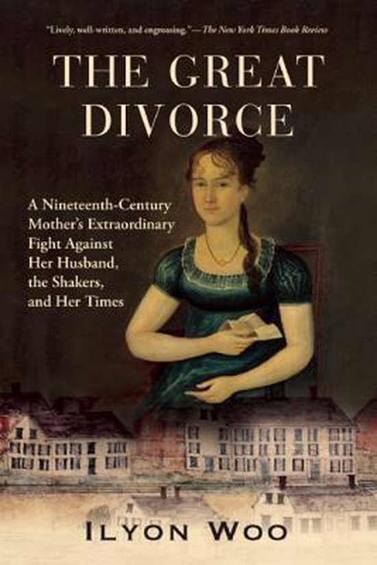 Boekcover: "The Great Divorce" door Ilyon Woo, met een schilderij van een vrouw in een blauwe jurk, en gebouwen op de achtergrond.