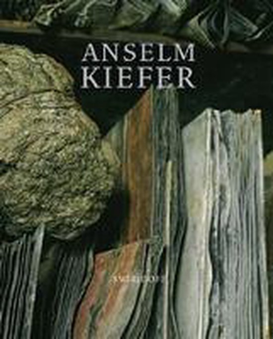 Livre intitulé ANSELM KIEFER, avec des pierres empilées et des matériaux stratifiés.