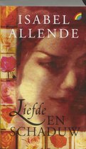 Couverture du livre 'Liefde en schaduw' d'Isabel Allende, avec un portrait de femme et des roses.