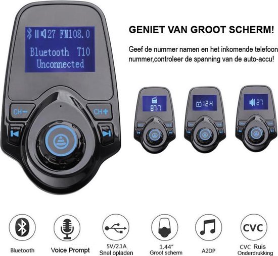 Bluetooth FM Transmitter T10 voor in de auto - ZT - Handsfree bellen carkit  met AUX - SD kaart / USB - Ingangen - Bluetooth Handsfree Carkits - adapter  - auto bluetooth – Eff Pro 