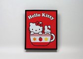 Schilderij Hello Kitty In een mok Kawaii    in glas 20 CM  X 25 CM Zwart kleurige lijst