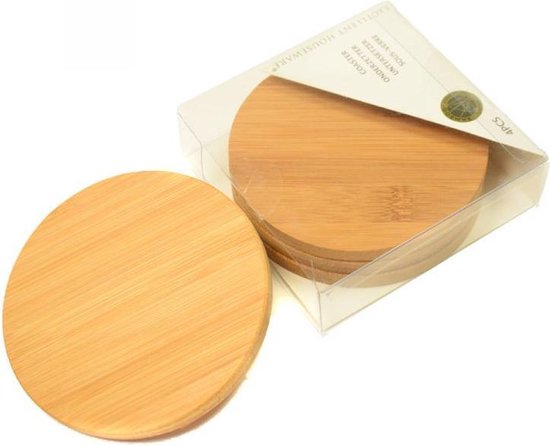 Bamboe onderzetters, rond, voor glazen, set van 6, onderzetters voor dranken met houder, onderzetters, glazen, wasbaar, zacht, 10 cm, bamboe bekeronderzetters, houten onderzetters voor dranken, bar