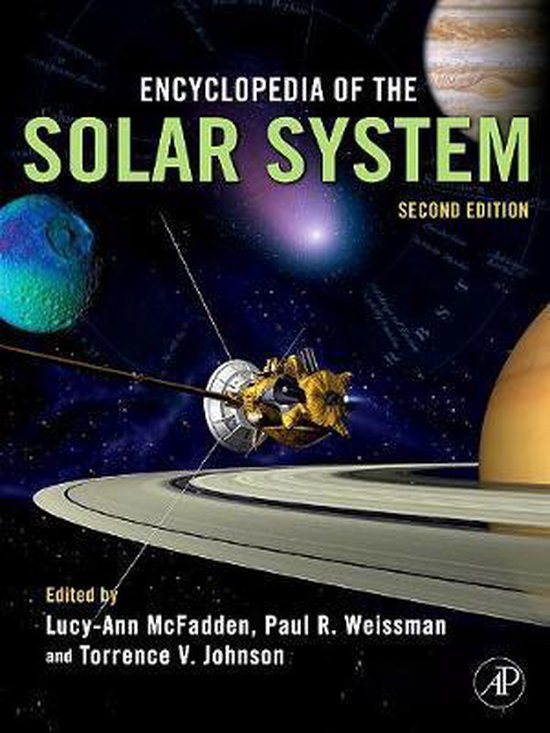 Boekomslag 'Encyclopedia of the Solar System', tweede editie, met een ruimteschip bij Saturnus en andere planeten.