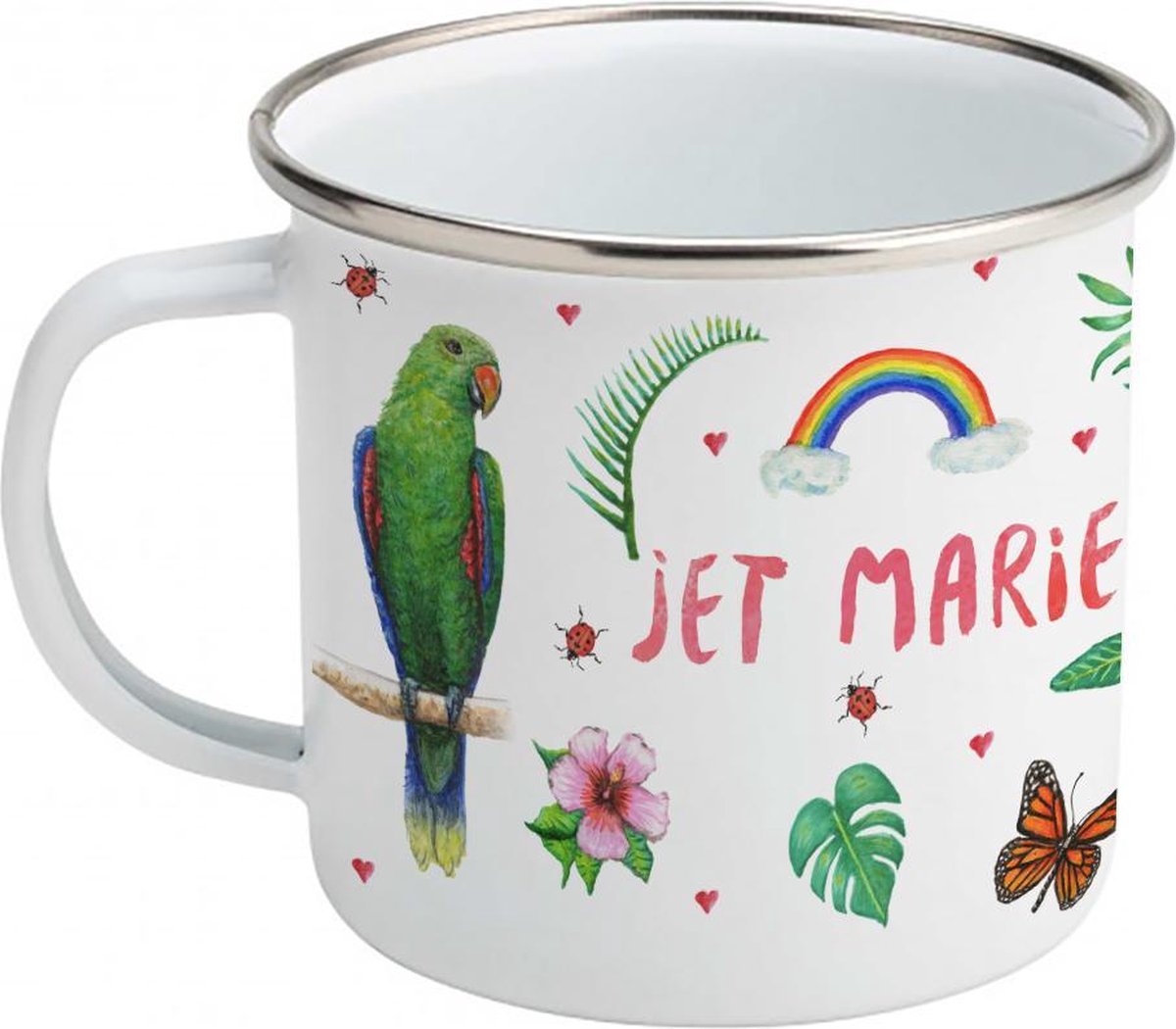 World of Mies emaille mok met naam - handgeschilderde flamingo papegaaien - gepersonaliseerd kraamcadeau
