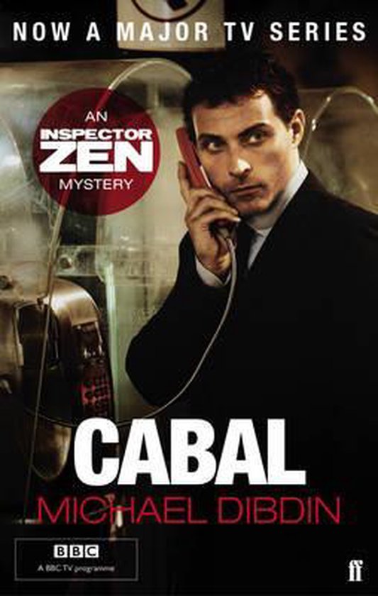 Boekomslag van Cabal door Michael Dibdin, met een man in pak aan de telefoon. Nu een tv-serie.