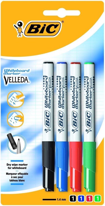 BIC Velleda - Whiteboard marker - 4 stuks - Zwart / blauw / groen / rood
