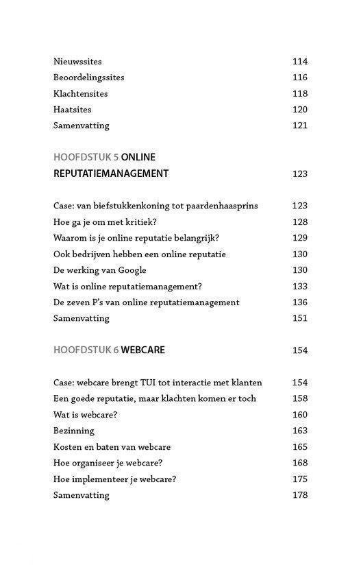 Inhoudsopgave van een boek, met hoofdstukken over 'Online Reputatiemanagement' en 'Webcare'.