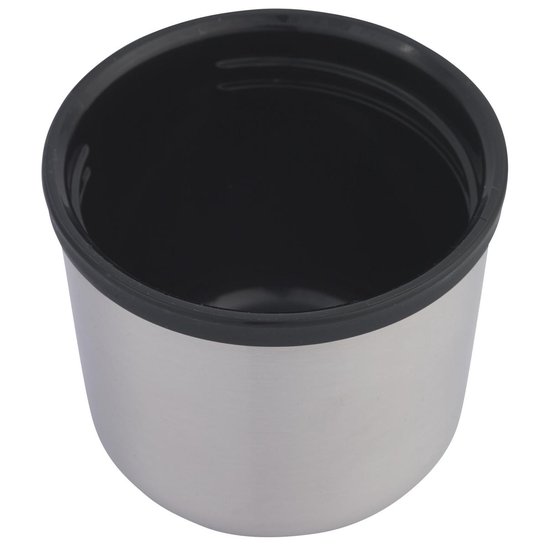 Zilverkleurige Thermosfles mok met zwarte rand.
