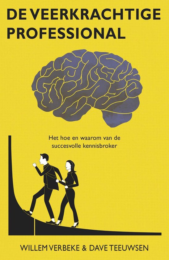 Boek "De veerkrachtige professional" met een afbeelding van een brein en twee personen die een berg beklimmen. Willem Verbeke & Dave Teeuwsen.