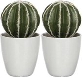 2 x Groene Echinocactussen/bolcactussen kunstplanten 28 cm in witte plastic pot - Kunstplanten/nepplanten