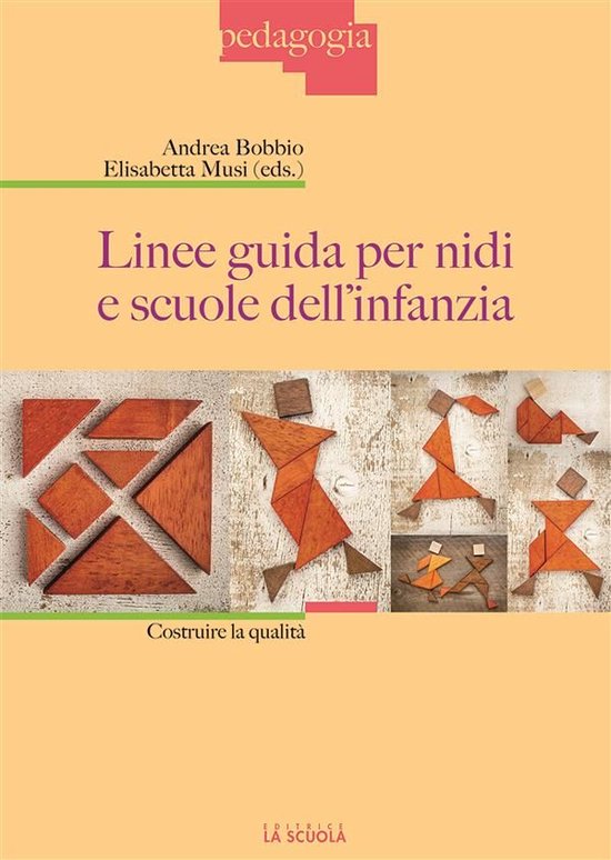 Livre 'Pedagogia' sous-titré 'Linee guida per nidi e scuole dell'infanzia'. La couverture montre des pièces de tangram formant différentes figures.
