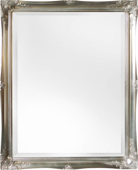 Spiegel open haard zilver met lijst - Ethan Buitenmaat 91x117cm Zilver horizontaal of verticaal ophangen of neerzetten - houten lijst met ornamenten - Ophangbeugels gemonteerd - Facetrand