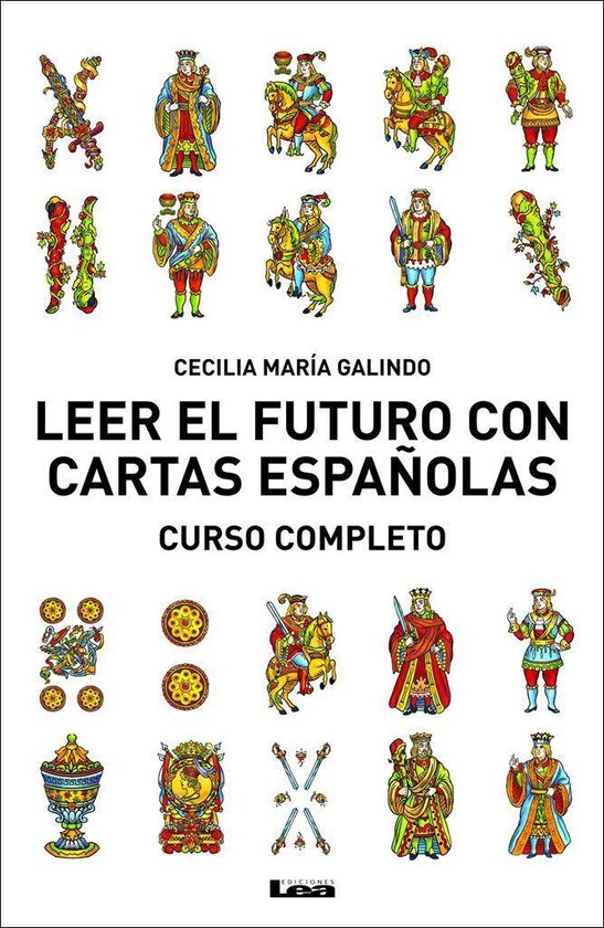 Book cover met Spaanse kaarten en tekst 'Leer el futuro con cartas españolas'.