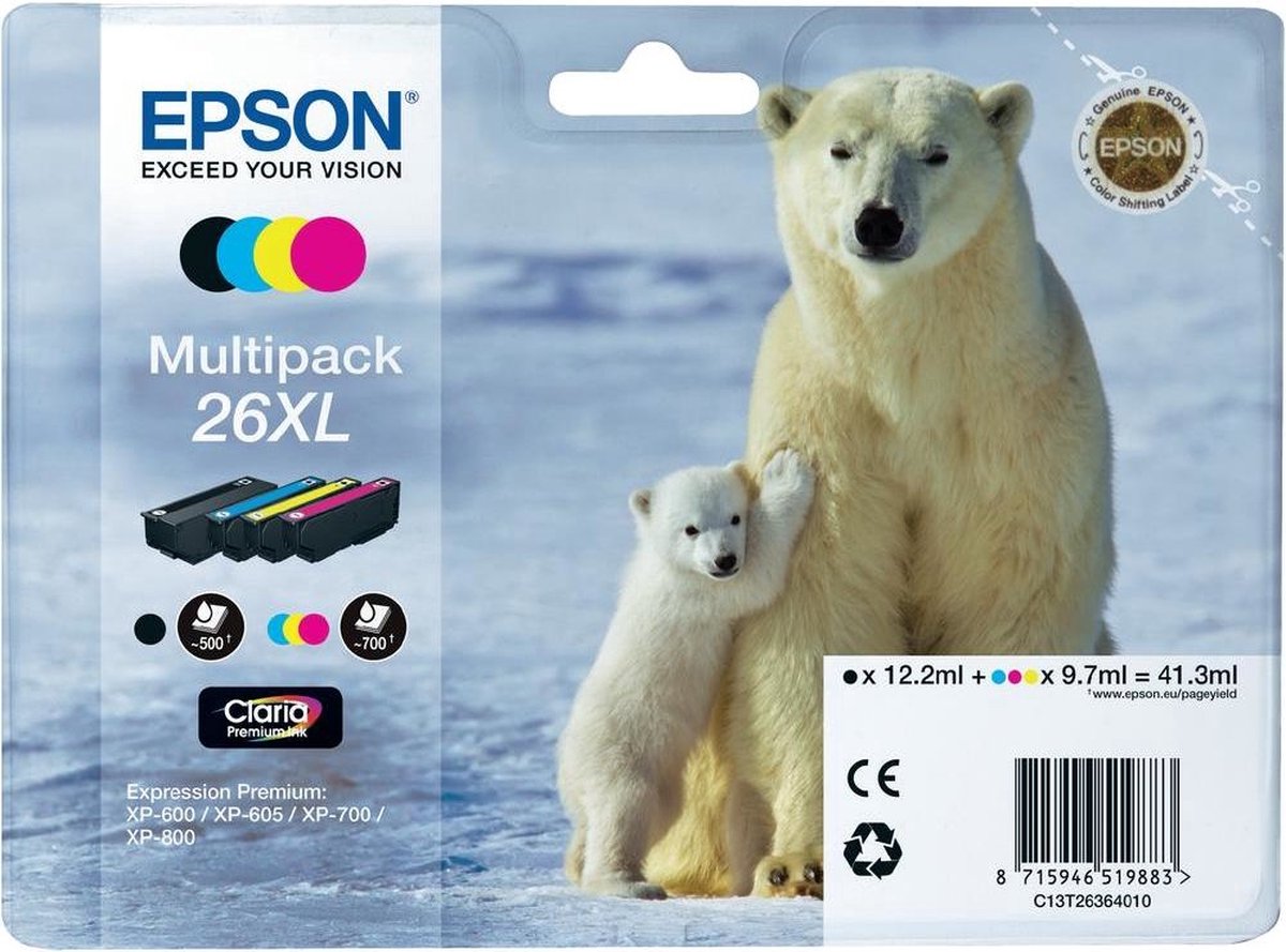 EPSON 26XL inktcartridge zwart en drie kleuren high capacity 41.3ml 1-pack RF-AM blister