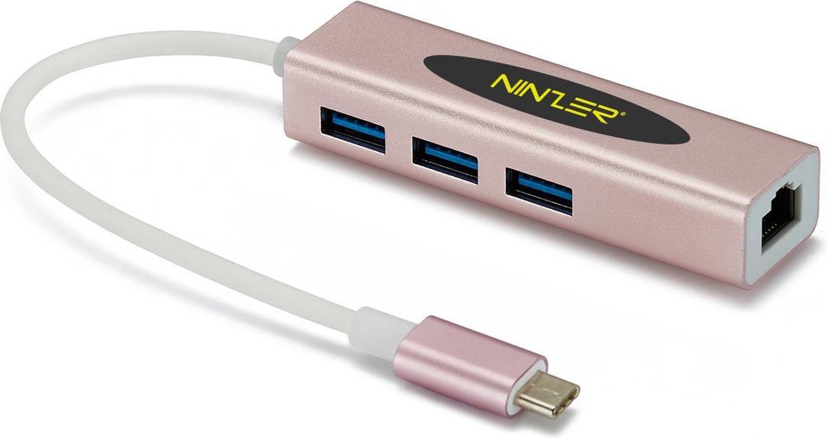 Ninzer USB 3.1 USB-C naar 3.0 USB HUB + Gigabit Ethernet | Roze