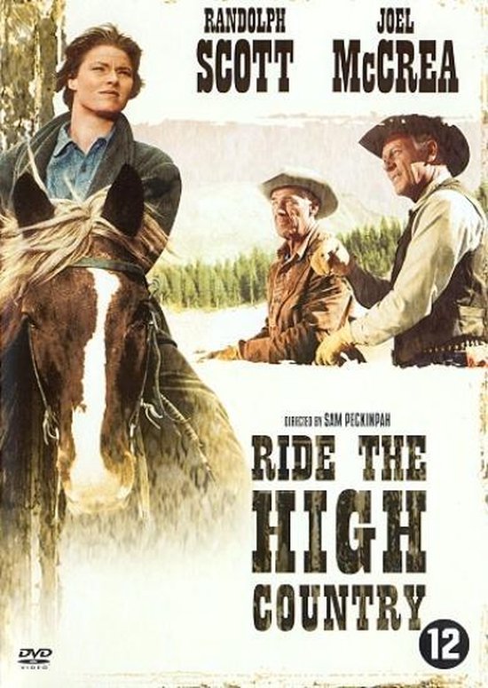 Film "Ride the High Country" met Randolph Scott en Joel McCrea te paard. Bevat "DVD" logo en "12" leeftijdsindicatie.