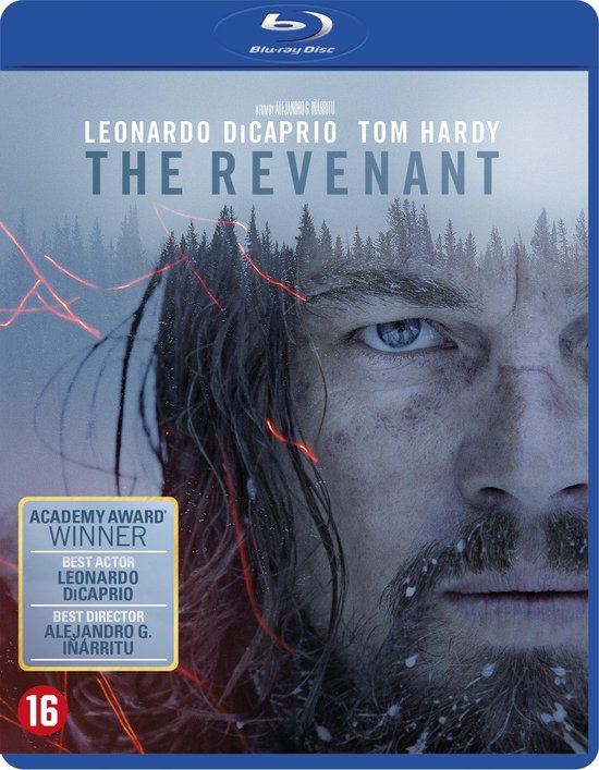 Blu-ray hoes van 'The Revenant' met Leonardo DiCaprio's gezicht, rode gloed, bossen en 'Academy Award Winner'-badge.