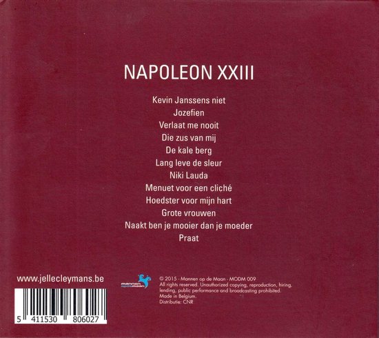 Achterkant van de CD "Napoleon XXIII" van Jelle Cleymans met tracklist en website.