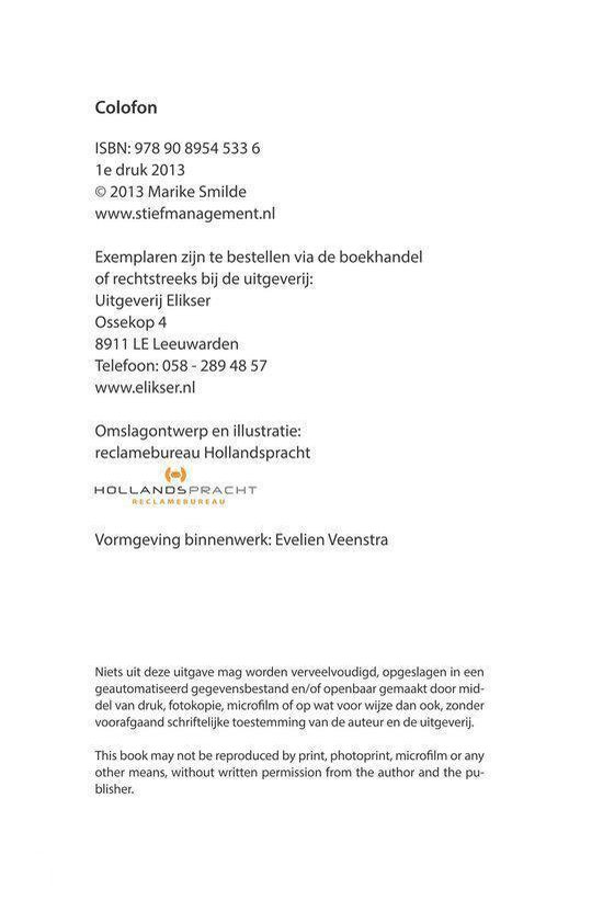 Colofon van 'Stiefmanagement', met ISBN, uitgever Elikser, contactgegevens en website.