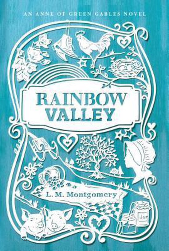 Boekhoes 'Rainbow Valley'. Een sierlijk kader van uitsneden met een regenboog, varkens, vogelnest, molen, en een vrouw met kap, met de titel 'Rainbow Valley' en L.M. Montgomery.