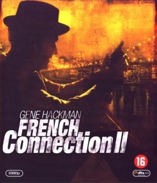 Poster van French Connection II met Gene Hackman in silhouet met een hoed, met een stad op de achtergrond.