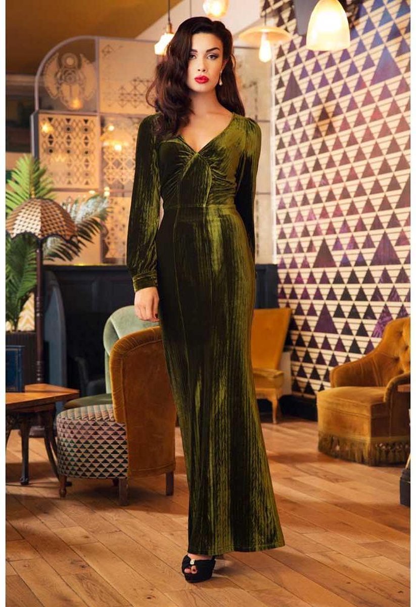 Lange fluwelen jurk met lange mouwen en V-hals olijf groen - Vintage 1930's  - XL -... | bol.com