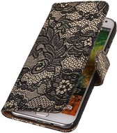 Samsung Galaxy E7 - Lace Bloem Design Zwart - Book Case Wallet Cover Hoesje