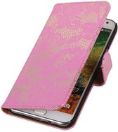 Samsung Galaxy E7 - Lace Bloem Design Roze - Book Case Wallet Cover Hoesje