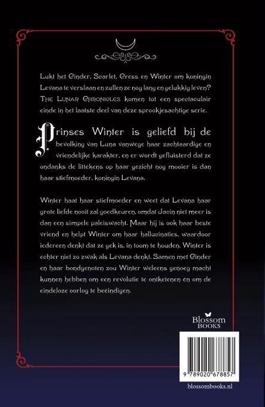 Achterkant van het boek "Winter", met tekst over het verhaal en de personages, in sierlijke letters op een donkere achtergrond met rode rand.