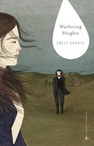 Boekcover van 'Wuthering Heights' van Emily Brontë. Een vrouw met wapperend bruin haar kijkt naar links, met op de achtergrond een man in donkere kleding en een huis op een heuvelachtig landschap onder een grijze lucht.