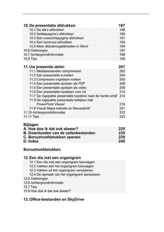 Inhoudsopgave van het Basisboek PowerPoint 2013 en 2010, beginnend bij hoofdstuk 10.