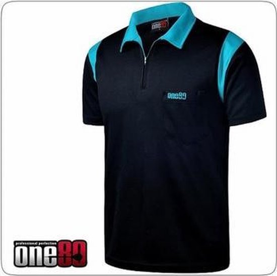 One80 Dartshirt Zwart met lichtblauwe accenten Per stuk Medium