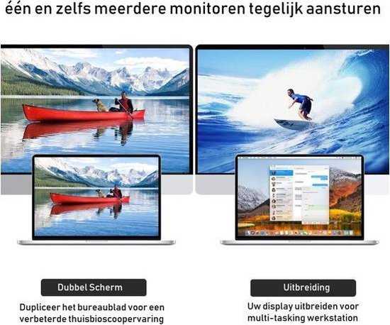Deux écrans affichant du contenu simultanément : un canoë rouge sur un lac et un surfeur sur une vague. Ci-dessous, un ordinateur portable à double écran et un ordinateur portable à écran étendu.