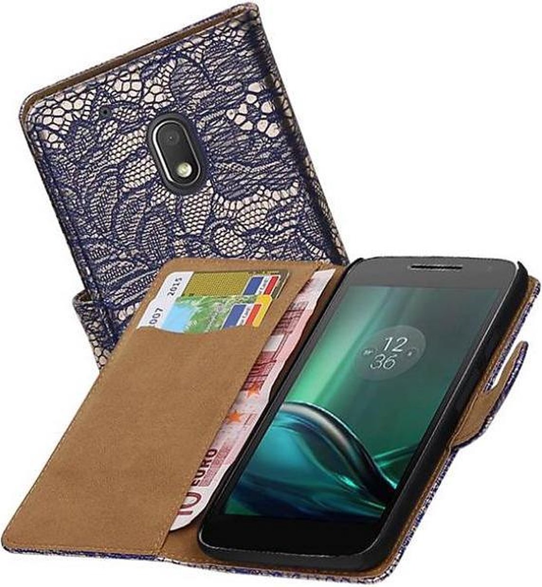 Lace Bookstyle Wallet Case Hoesjes Geschikt voor Moto G4 Play Blauw