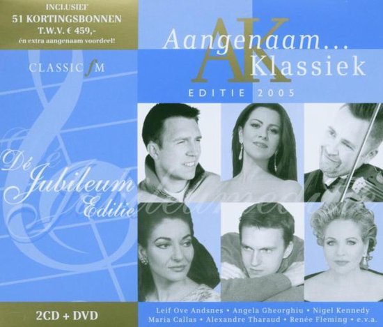 Albumhoes met 6 portretten van klassieke musici, Titel: Aangenaam Klassiek, De Jubileum Editie. Inclusief 51 kortingsbonnen.