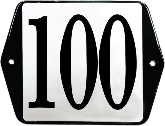 Wit emaille huisnummer 100 met zwarte rand en cijfers.