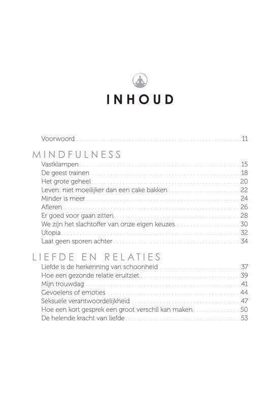 Inhoudsopgave van een boek met secties over 'Voorwoord', 'Mindfulness' en 'Liefde en relaties'.
