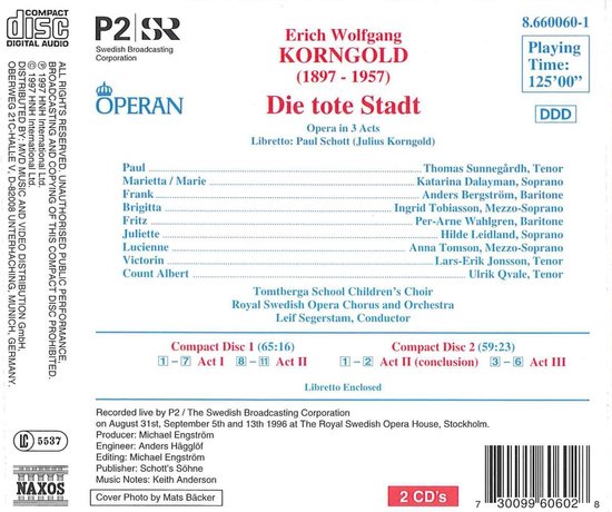 CD-hoes met tekst "Die tote Stadt" en een lijst van artiesten.