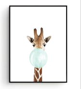 Postercity - Design Canvas Poster Giraffe met Groene Kauwgom / Kinderkamer / Dieren Poster / Babykamer - Kinderposter / Babyshower Cadeau / Muurdecoratie / 40 x 30cm / A3