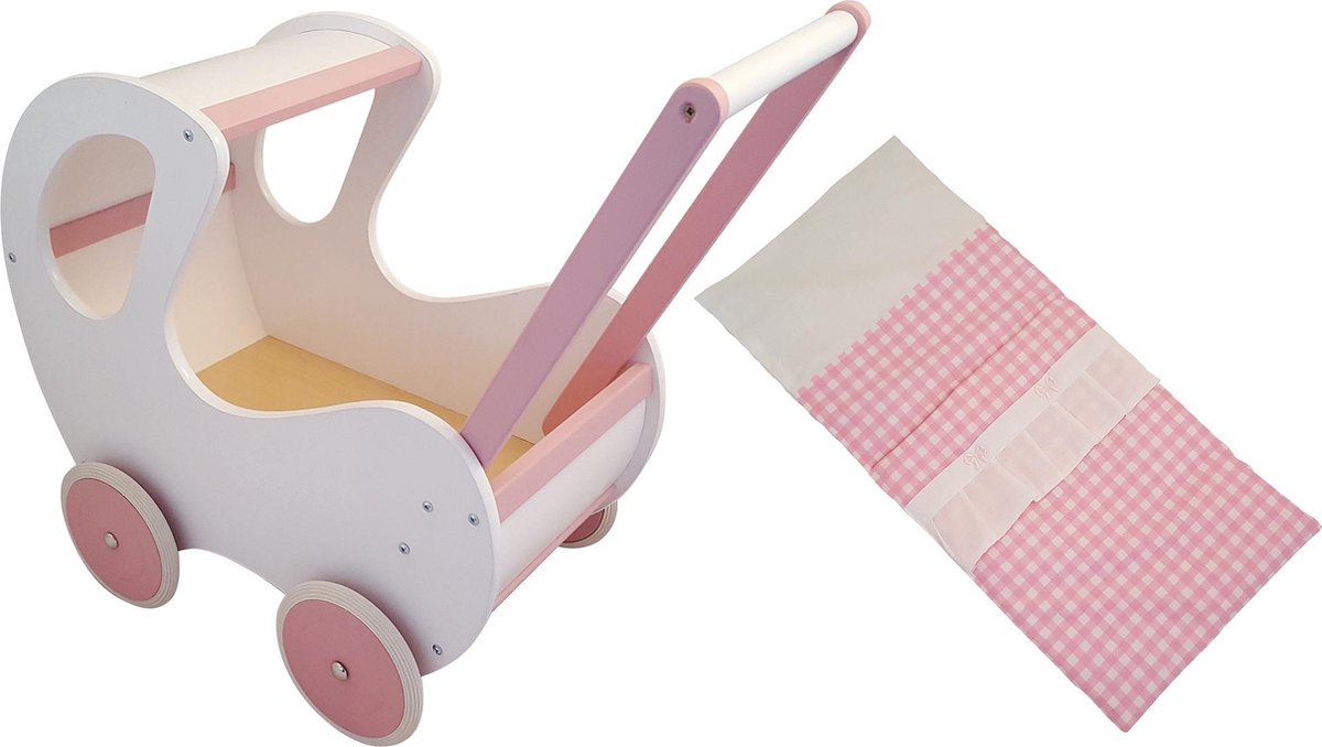 Playwood Houten Poppenwagen wit / roze klassiek met kap