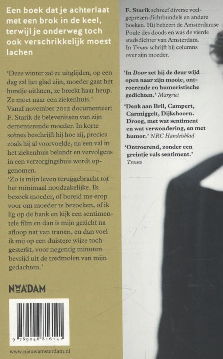 Achterkant van het boek 'Moeder doen' met tekst en een deel van de voor- en achterkant van de auteur F. Starik.