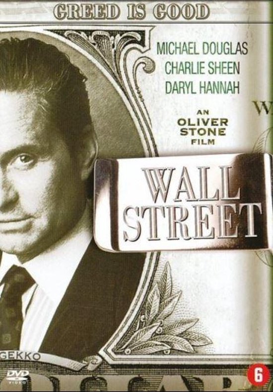 DVD cover van Wall Street met Michael Douglas. Tekst: Greed is Good, Wall Street, An Oliver Stone Film.