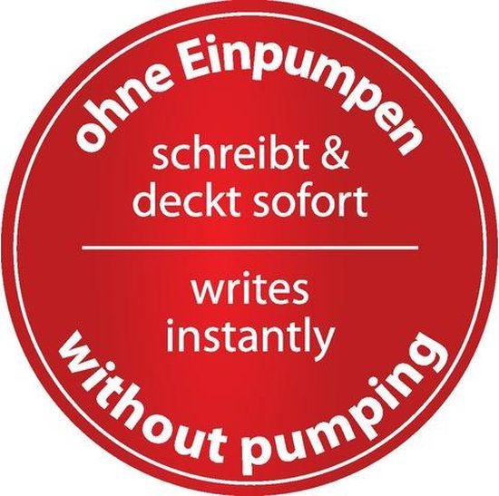 Rood rond label met witte tekst: "ohne Einpumpen schreibt & deckt sofort" en "writes instantly without pumping".