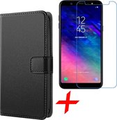 Samsung Galaxy A6 (2018) Hoesje Lederen Book Case Siliconen TPU Zwart + Screenprotector Gehard Glas - van iCall