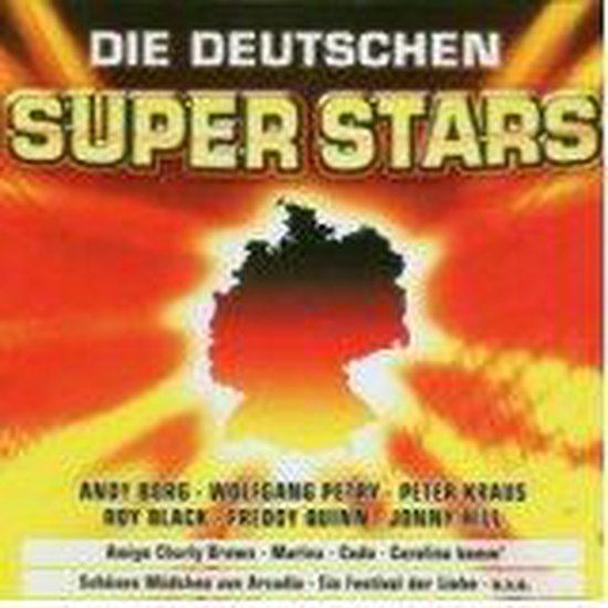 Cd-hoes Die Deutschen Superstars met een zwart silhouet van Duitsland tegen een fel oranje en gele zonnestraal achtergrond.