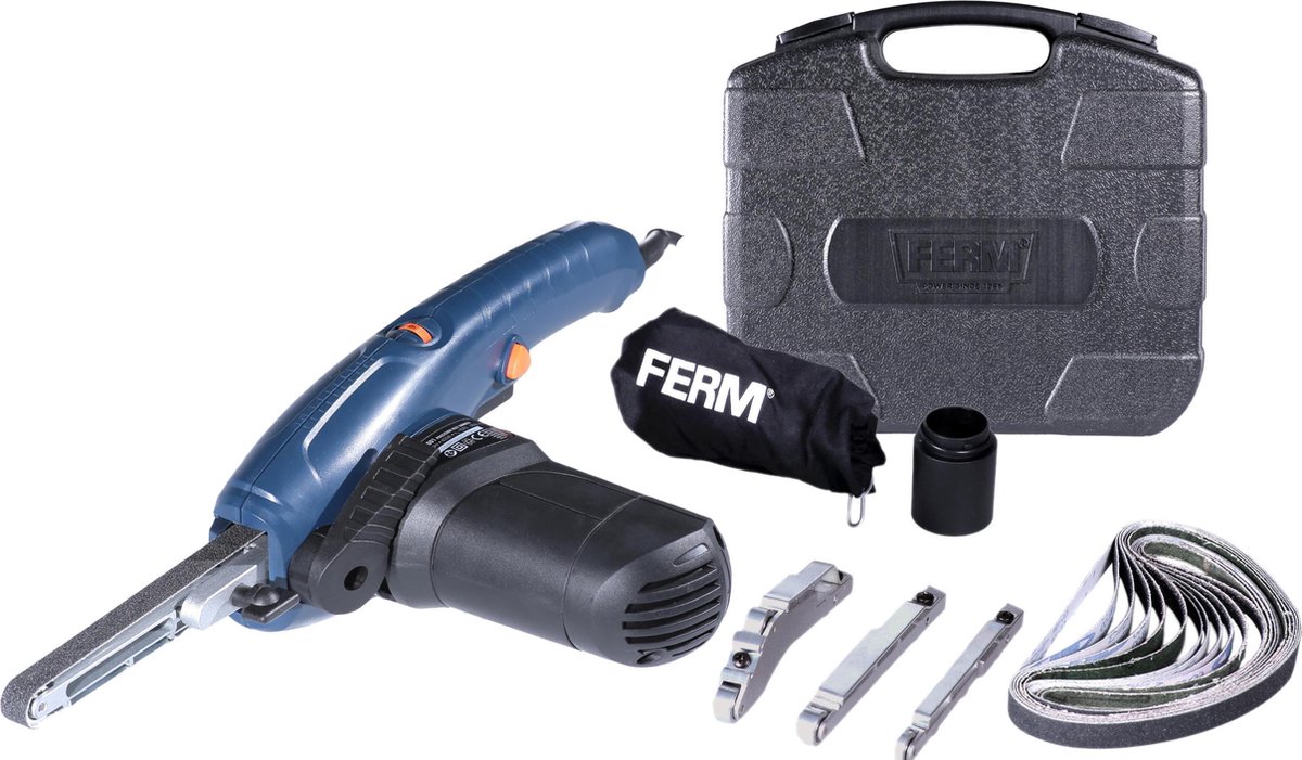 FERM - EFM1001 - Precisie Bandschuurmachine - 400W - Variabele - bandsnelheid: - 1070-1650m/min - Snel wissel systeem - 3m kabel - Met - 3 schuurarmen - 8mm - 13mm - Boog - 12 schuurbanden - Stofopvangzak - Stofzuigeradapter - Robuuste opbergkoffer