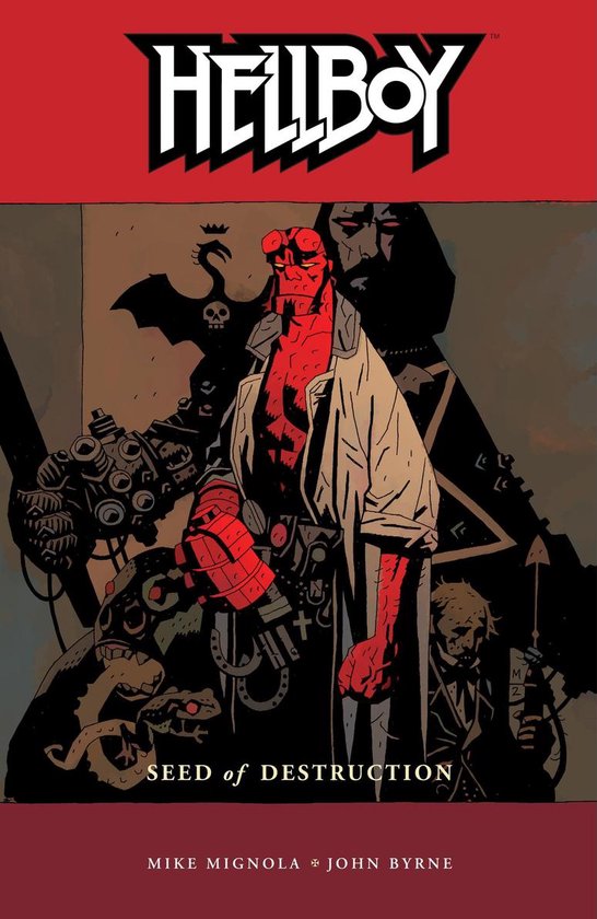 Hellboy staat voor een complex mechanisch apparaat, met op de achtergrond een duivelse figuur. "Seed of Destruction".