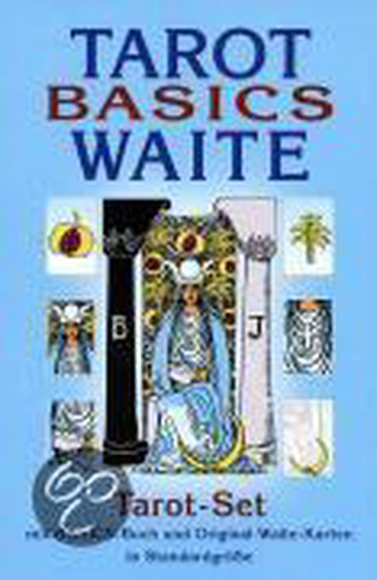 Boekomslag 'TAROT BASICS WAITE' met een afbeelding van de Hoge Priesteres tussen twee pilaren, omringd door tarotkaart-illustraties.