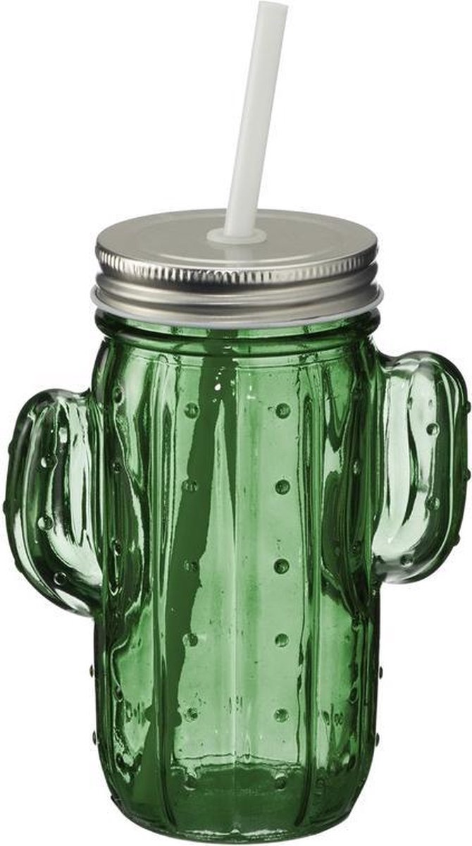 Glazen cactus drinkpotje/drinkglas met deksel 400 ml donkergroen | bol.com