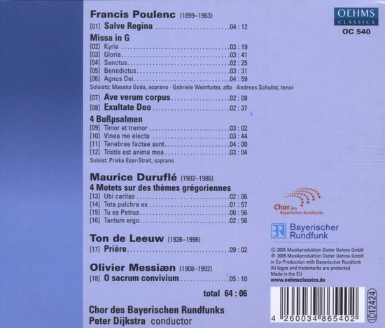 Cd-hoes met tracklist van 'Sacred Choral Music' door Poulenc, Duruflé, Messiaen en De Leeuw.